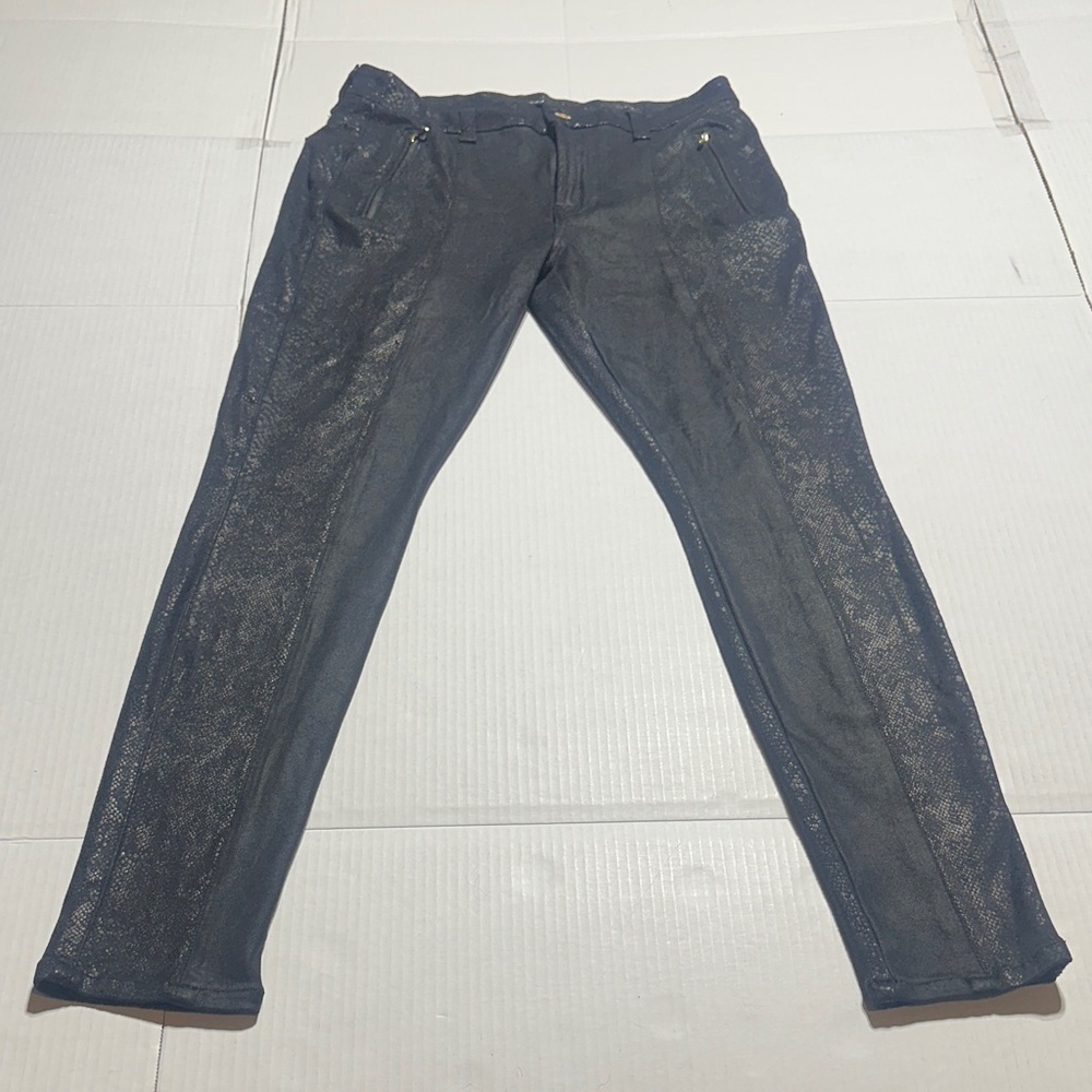 7FAMK Stylish 2 toned animal print black Jeans soft fabric stretch gold accents